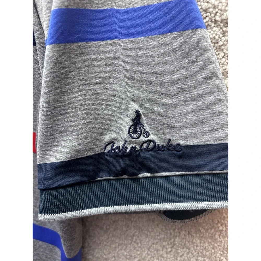John Duke Paris Polo Shirt Men *Large Gray Striped Penny Farthing Embroider Logo